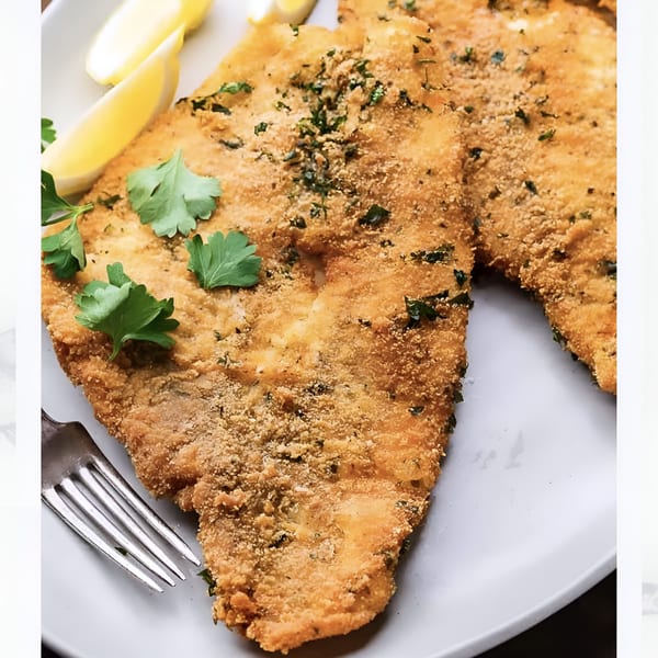 Golden-fried fish fillets, garnished with fresh parsley and lemon wedges, on a white plate.