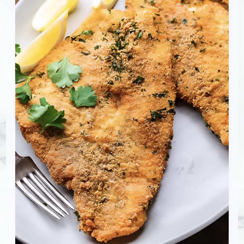 Golden-fried fish fillets, garnished with fresh parsley and lemon wedges, on a white plate.