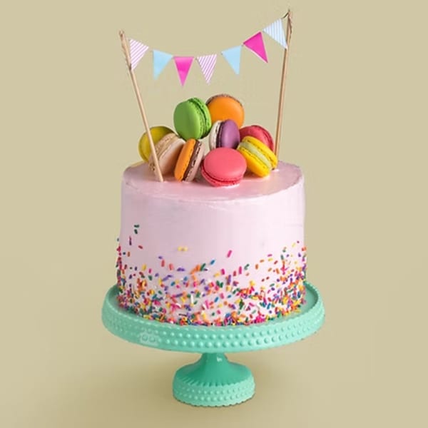 Pink frosted cake with colorful sprinkles, topped with macarons and a festive banner.
