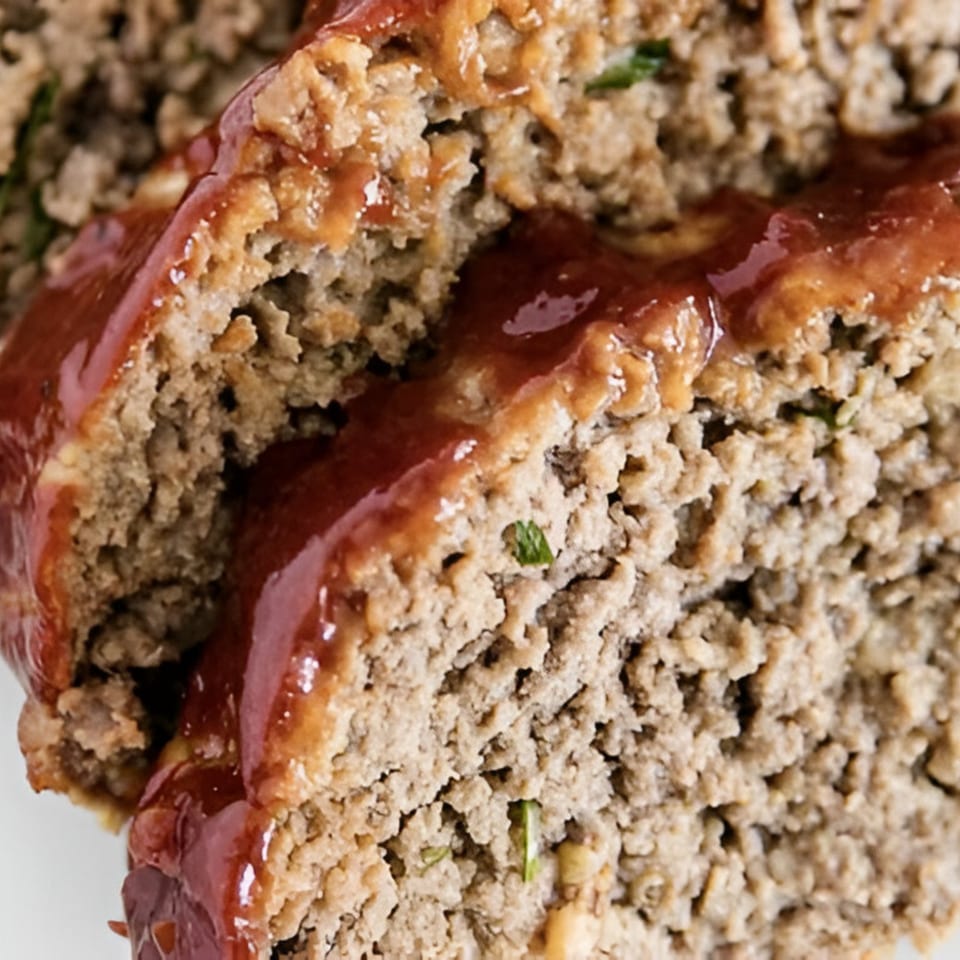 Close-up of sliced meatloaf with a rich, glossy tomato glaze, showcasing its texture.